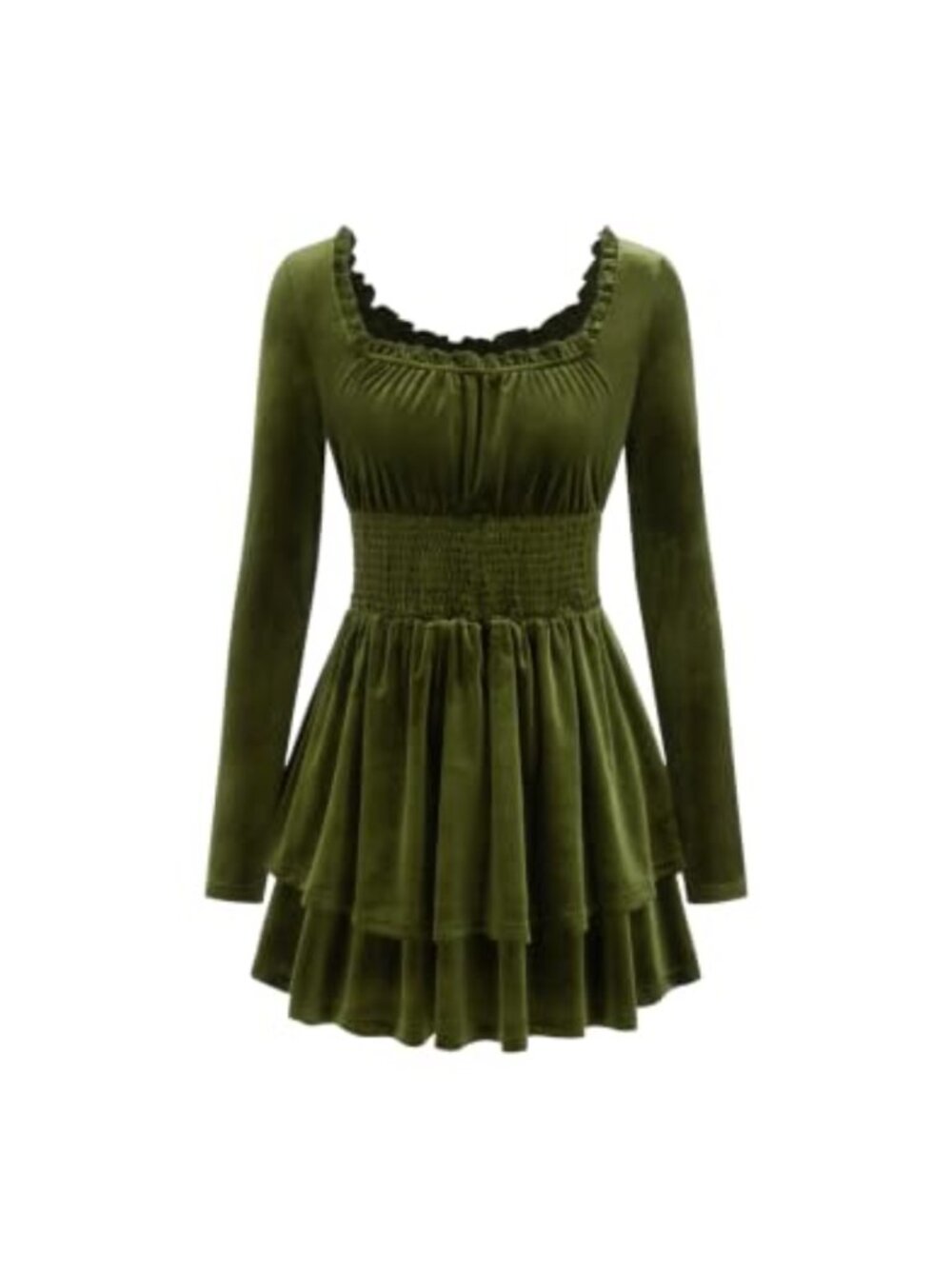 Womens Velvet Long Sleeve Smocked Waist Tiered Mini Dress Casual
